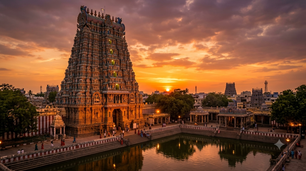 Grand Dravidian temple gopuram during a Tamil Nadu temple tour by road