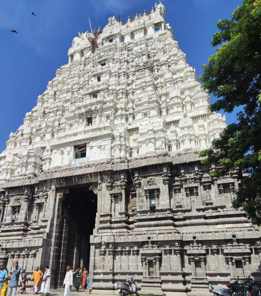 A wide, low-angle shot looking up at the grand Rajagopuram (main tower gate) of Varadharaja Perumal Temple in Kanchipuram, Tamil Nadu. The tower features a multi-tiered, intricately detailed white structure resting on a heavy carved grey stone foundation. The entrance is set against a vibrant blue sky with leafy green tree branches on the right and visitors walking past the base.