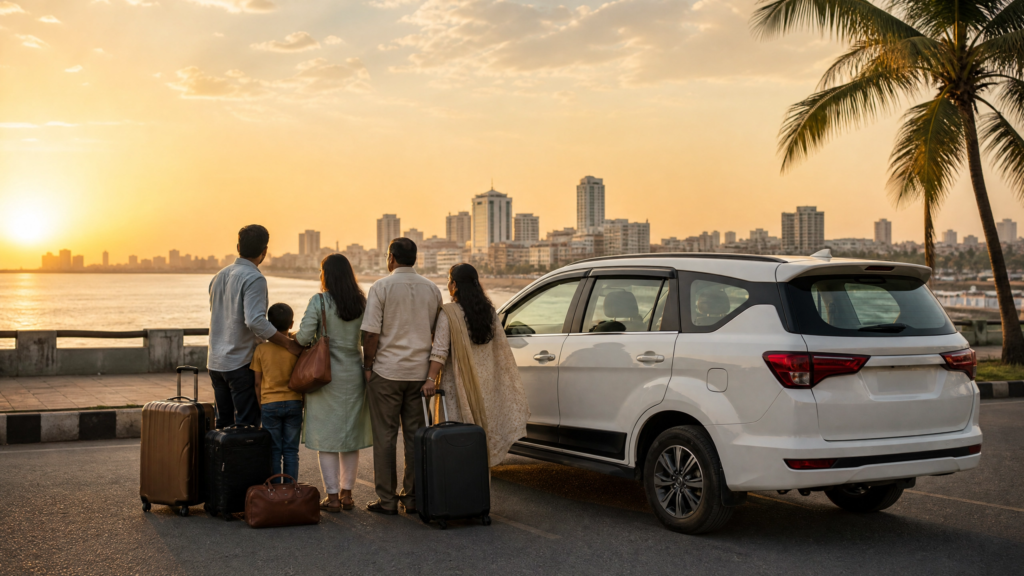 Family returning to Chennai after a Tamil Nadu temple tour by road trip, standing beside a seven-seater car with luggage against a coastal city skyline at sunset.