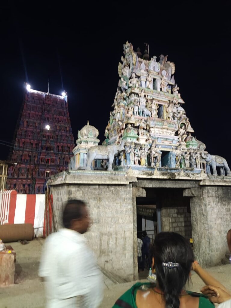 Tiruttani Murugan Temple gopurams at night view.
