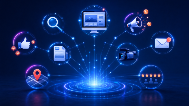 A landscape composition building upon the interconnected digital world theme. It focuses strictly on the technical infrastructure of digital marketing, displaying a stylized laptop showing a performance dashboard, a magnified smartphone with social media feeds, and a glowing 'Search' bar.