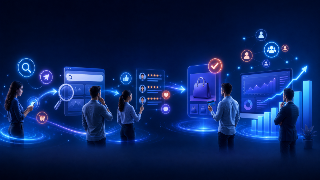 A digital customer journey moves from online search and product reviews to a purchase, audience connections, and rising business analytics, illustrating how digital marketing helps businesses attract customers and grow.
