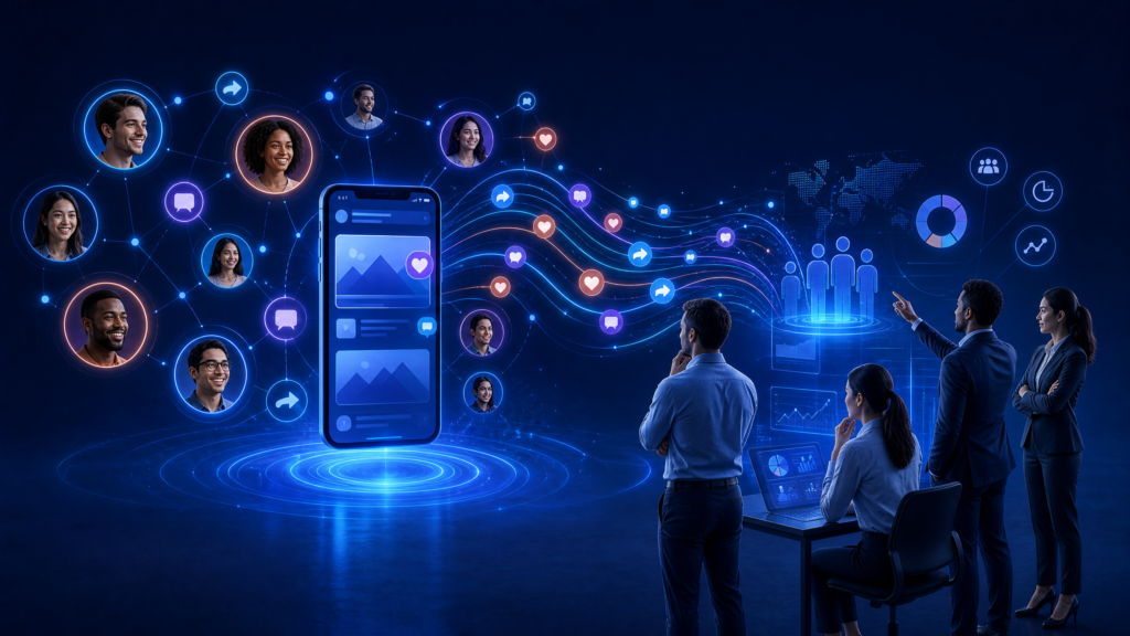 A wide-format dynamic digital illustration, visualizing human interactions and audience data. Diverse social media engagement streams—'likes', 'comments', 'shares', and direct 'messages'—physically flow out from multiple stylized smartphone screens, swirling like patterns of cool blue and warm orange data light. In the background, a businessperson with glasses is standing and studying a complex word cloud and bar chart displaying user sentiment and feedback trends.