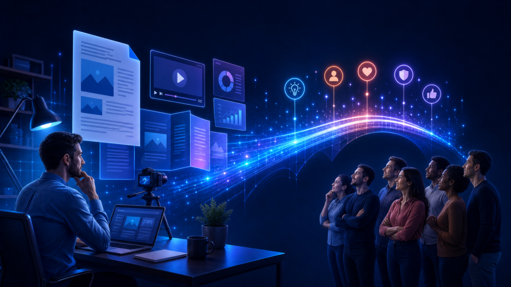 A digital content creator works at a desk with a laptop and camera while blog articles, videos, analytics, and social-media icons form a glowing bridge toward a diverse audience, illustrating how content marketing builds trust and visibility.