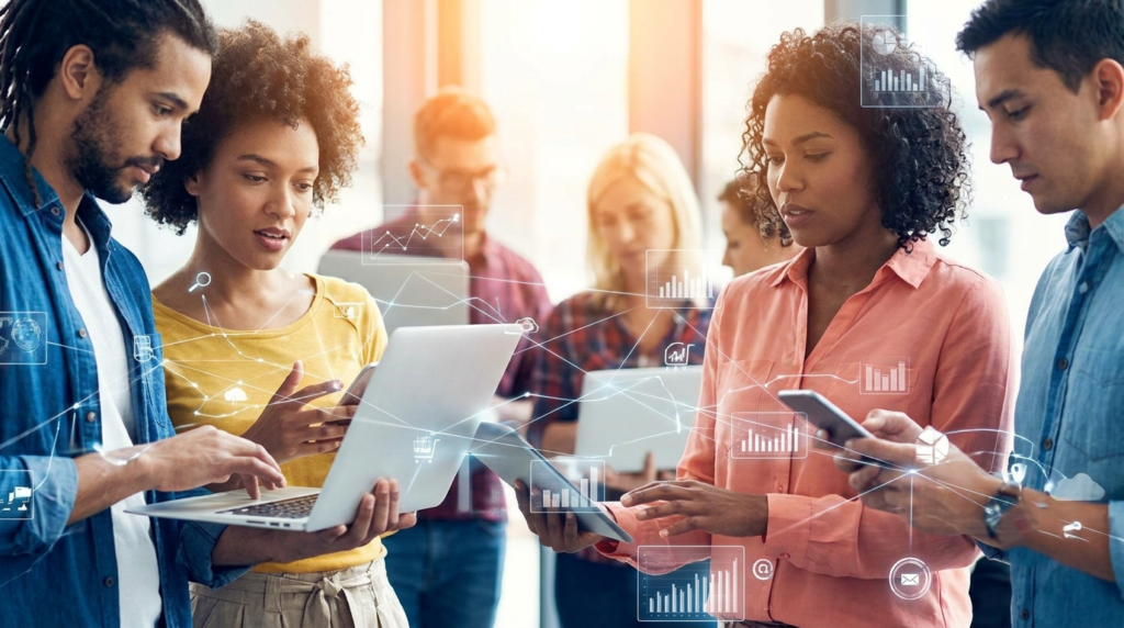 diverse people looking intently at laptops and smartphones in a modern, sunlit setting. Transparent digital overlays showing connection lines, charts, and icons float around them. The atmosphere is energetic and connected.