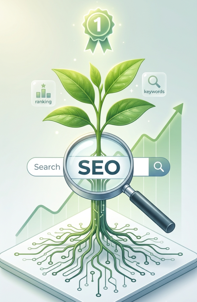 A vertical composition visualization focusing on organic growth through technical optimization. A healthy green seedling is shown physically growing out of a digital magnifying glass that is centered on the search bar displaying 'SEO'. The seedling's roots are intricately stylized as complex digital pathways and connection points. A soft, green line graph trends steadily upward.
