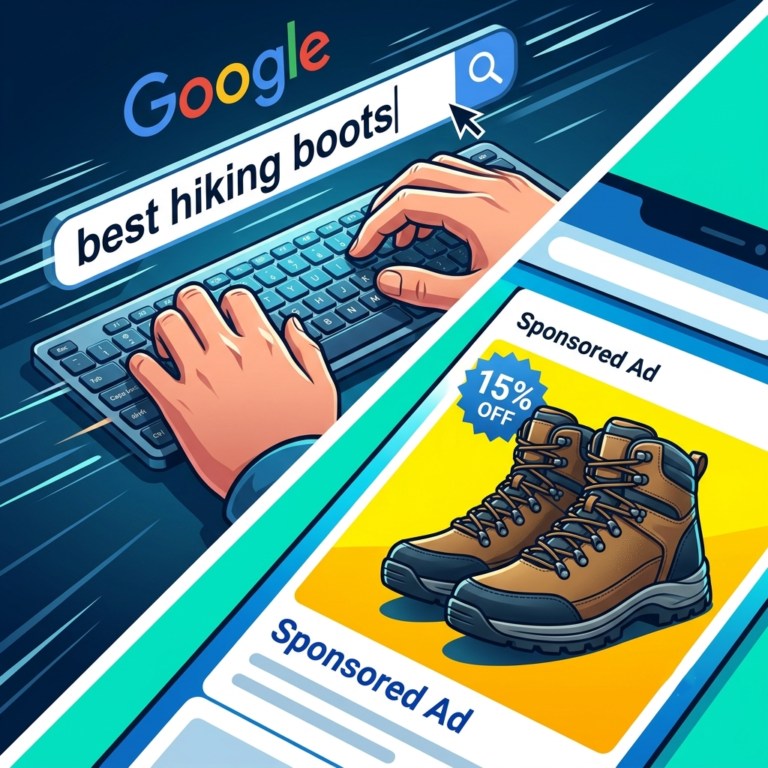 A square aspect ratio graphic illustration, moving away from the soft organic light to a sharper, more energetic composition. The image is split diagonally. The top-left section shows a user's hands typing 'best hiking boots' into a stylized search engine bar. The bottom-right section displays the immediate 'Sponsored Ad' result, which is highlighted with a 15% discount badge and a high-quality product photo of rugged boots.