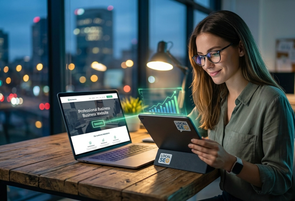 A wide-angle photograph taken inside a modern coworking space at dusk. In the foreground, a young female entrepreneur with glasses is looking at a tablet displaying a growth chart, smiling faintly. Her laptop is open on a rustic wooden desk, with a professional business website clearly visible on the screen, a subtle call-to-action button highlighted with a green data glow. A small 'LOCAL SEO' sticker is visible on the tablet case. Through the large window in the background, city lights create a dynamic environment.