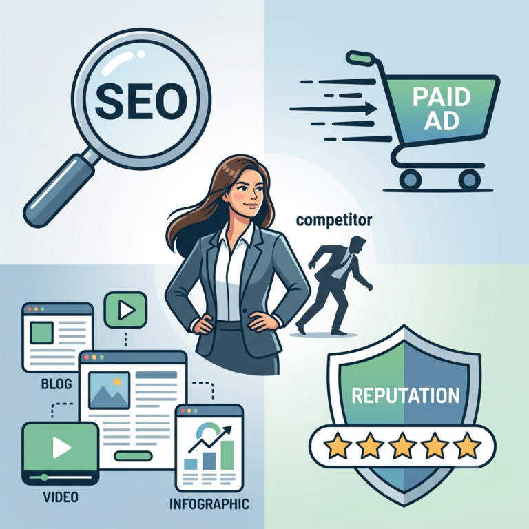 An infographic diagram showcasing various marketing strategies. A smiling business woman stands confidently in the center, hands on hips. A male "competitor" figure is behind her, struggling. Magnifying glass labeled "SEO" and a shopping cart with "PAID AD" are at top left and top right, respectively. A series of connected icons representing "BLOG", "VIDEO", "INFOGRAPHIC" are at bottom left, while a "REPUTATION" shield and five stars are at bottom right.