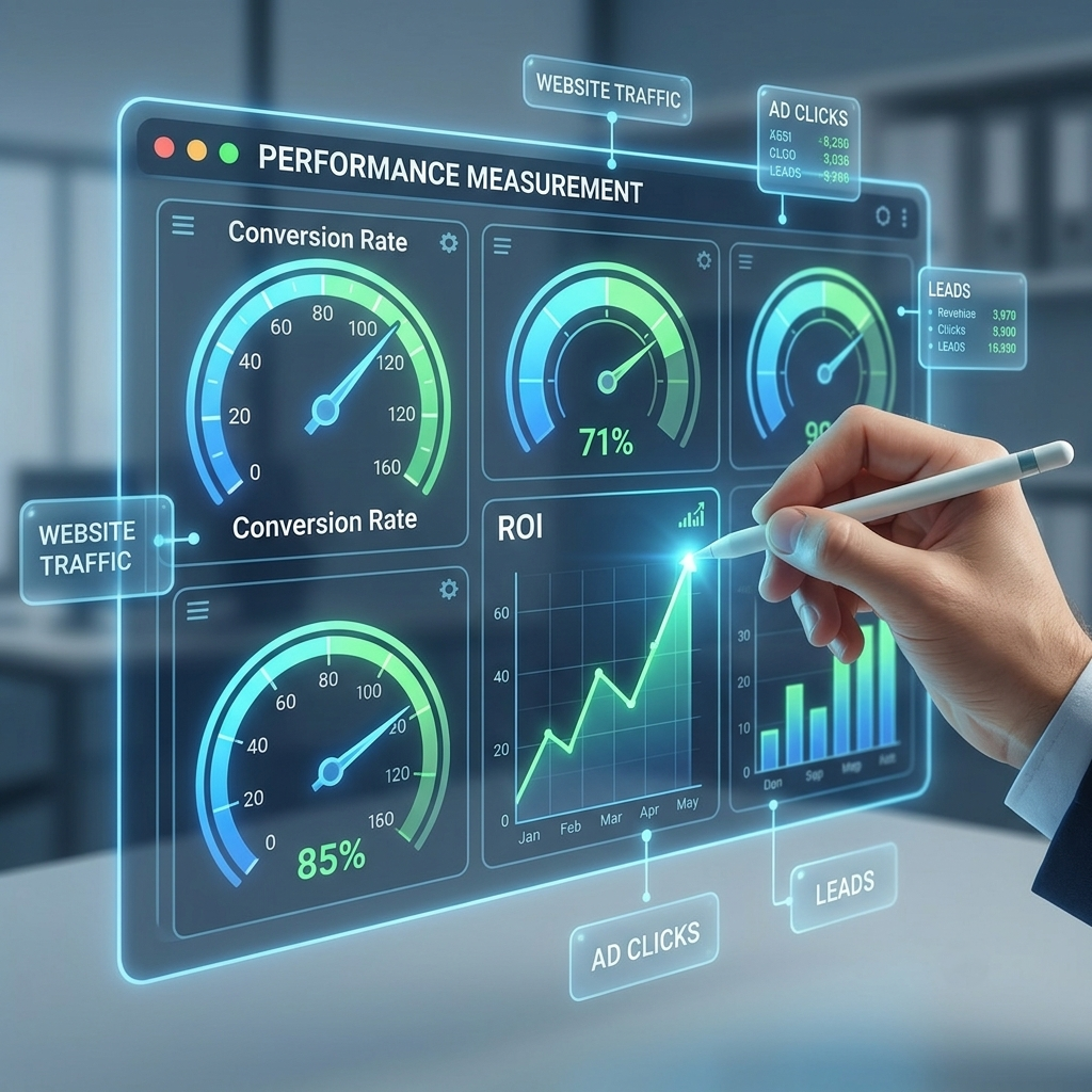 A person using a stylus to tap an upward-trending ROI graph on a futuristic, glowing digital "Performance Measurement" dashboard displaying analytics gauges and data overlays.